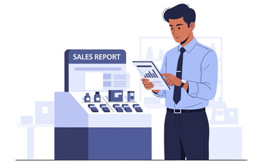 Businessman Reviewing Sales Report of Cosmetics Products Display.