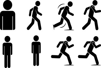 Stick Figures Walking and Running | Black Silhouette Icons of People in Motion for Business, Sports, and Activity Illustrations