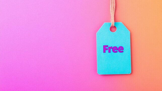 Bright tag displaying the word free on a colorful gradient background with copy space representing special offer promotions and deals