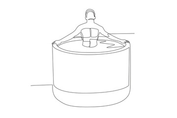 Man soaking in the bath for relaxation. Mental health retreats concept one-line drawing
