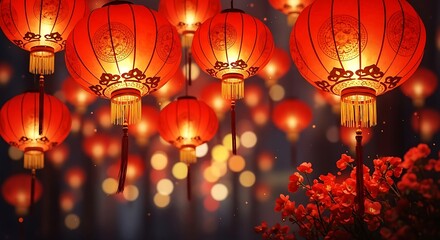 Numerous glowing red Chinese lanterns illuminate a festive night scene with blooming red flowers festival
