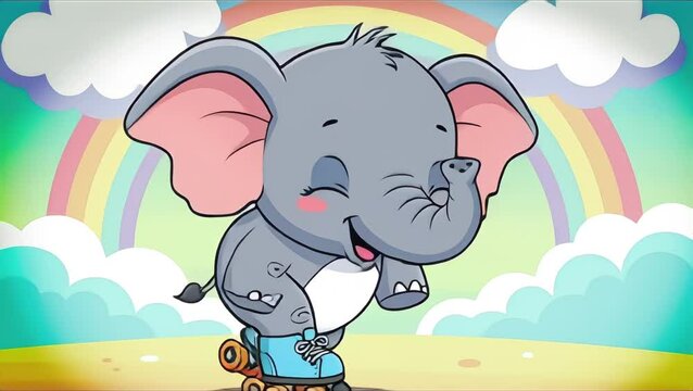 Animated Elephant Roller Skating with Rainbow Background Joyful Fun.