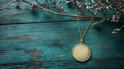 Vintage gold-plated locket with ornate design placed on rustic wooden planks surrounded by floral accents creating a cozy intimate still life composition


