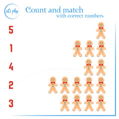 Colorful children's game layout for printing. Development of children and games with children. Counting and matching. Cookie man. EPS 10
