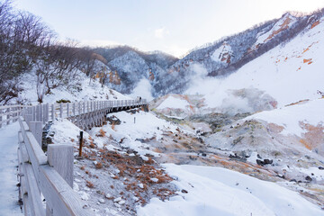 Scenic view of Jigokudani Hell Valley at Noboribetsu Onsen, Noboribetsu, Hokkaido, Japan