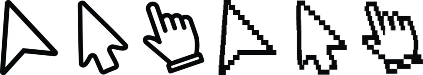 Pixel Computer Mouse Cursor Icons – Pointer, Arrow & Hand Symbols (Transparent Vector)

