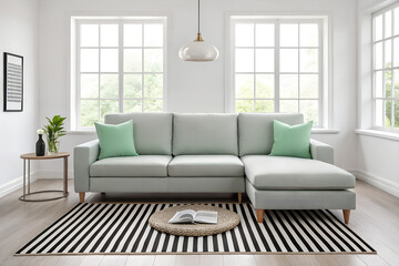 Fototapeta premium Light gray sectional sofa with green pillows black and white striped rug and windows