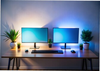 A modern workspace with dual monitors and plants on a wooden desk