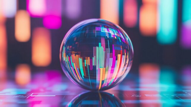 a crystal ball surrounded by floating data visualizations graphs and charts to represent market forecasts or business outlook