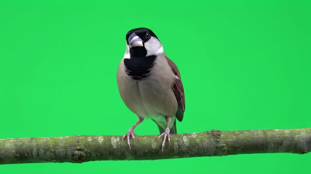 Java Sparrow Perched on Branch with Green Screen Background for Easy Compositing