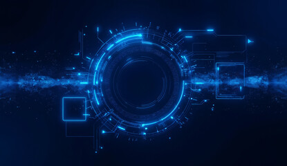 Futuristic Blue Circular Interface with Glowing Lines and Particles