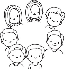 Hand-drawn group of diverse people portraits illustrating unity and friendship in a circle.