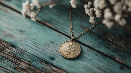 Antique vintage gold-plated locket resting on rustic wooden planks with delicate floral accents captured in a cozy intimate still life with ornate timeless beauty

