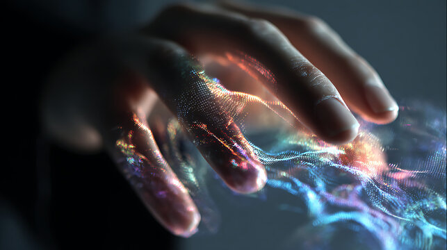 A hand interacts with digital particles, creating a vibrant display of technology, data, and glowing light for modern concepts. - Powered by Adobe