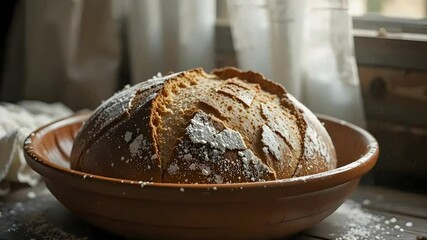 Freshly baked bread covered in flour, showcased in a rustic terracotta bowl ready to eat, embodying home cooking and culinary tradition. - Powered by Adobe