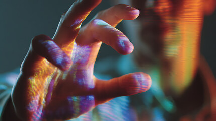 Human hand interacts with digital screen projections and colorful data, showcasing modern technology and interface concepts.