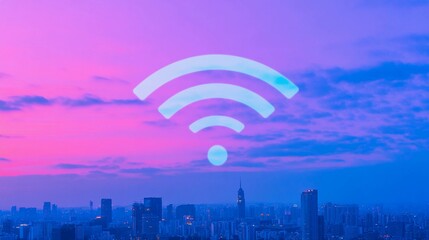Vibrant city skyline at dusk with a prominent wifi wireless signal symbol against colorful clouds highlighting urban digital accessibility and the modern idea of free connectivity.