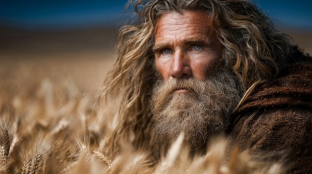 A man with long hair and a beard is standing in a field of wheat. He looks tired and is covered in sand
