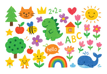 Children’s Crayon Drawing Collection – Colorful Doodle Vector Set