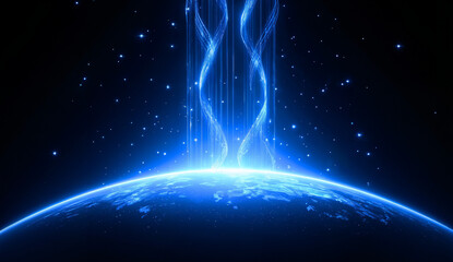 Glowing blue energy beams converge over a planet's horizon in a starry space environment.