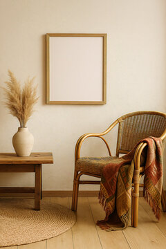 Boho Wall Frame Mockup with Rustic Chair, Blanket and Pampas Decor in Cozy Interior

