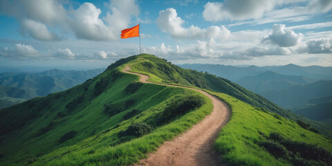 Challenging narrow mountain trail path leading to hilltop orange flag on summit, blue sky, achievement, success journey, motivation, perseverance, outdoor adventure, challenge, Motivation Monday