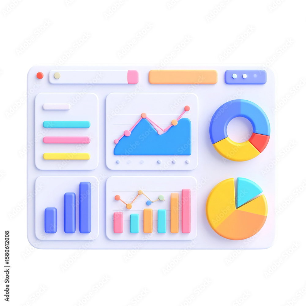 Aufkleber A 3D render showing a dashboard interface with various charts and graphs, including bar graphs, line graphs, and pie charts.