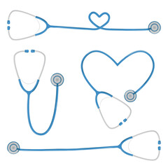 A premium set of four clean, flat style outline icons featuring a stethoscope in different configurations Classic angled design, Straight horizontal tubing, Tubing shaped as a heart, Heart shaped