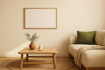 Fototapeta premium Horizontal Poster Frame Mockup in Cozy Living Room with Olive Pillow and Wooden Table