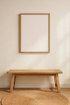 Vertical Wooden Frame Mockup above Minimal Bench in Sunlit Boho Interior

