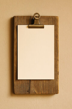 Rustic Wooden Clipboard Mockup with Blank Paper on Neutral Background

