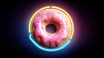 Pink frosted donut with sprinkles and neon circular highlights against dark