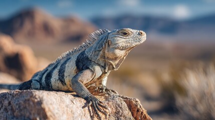 Fototapeta premium Iguana Basking on Sunlit Rock in Desert Landscape Under Blue Sky With Distant Mountains
