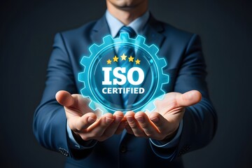 ISO certification standard assurance for business quality and compliance concept. ISO certified, symbol quality management, international standards, organizational excellence, operational efficiency,