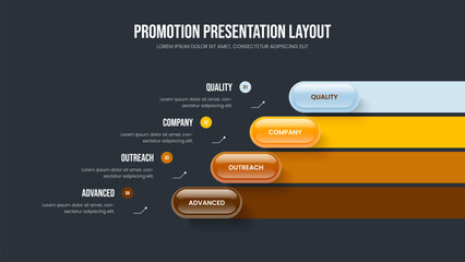 Modern Overview Four Option Infographic Presentation Design. Market Plan Frame Layout Vector Illustration. Professional Portfolio 4 Element Diagram Slide Template.