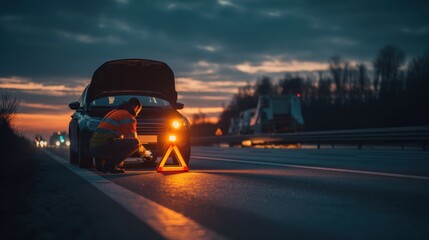 Mechanic placing warning triangle on highway during car breakdown at dusk
