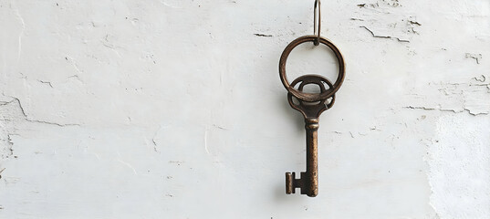 Old-fashioned key necklace hanging from a pale wall hook, leaving generous space beneath for brand placement.