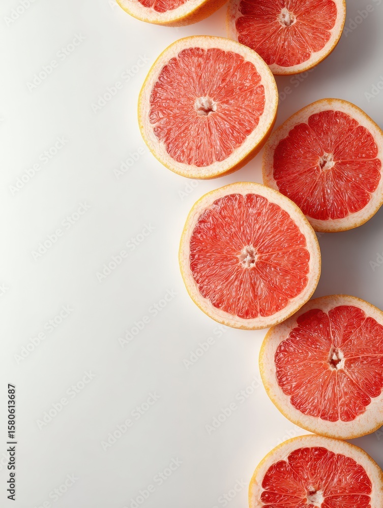 Poster grapefruit halves arranged diagonally on a white surface with empty upper space for design and prese