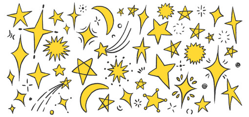 Naklejka premium Crayon Star and Moon Doodle Set in Hand-Drawn Style. Includes Spark Yellow Stars
