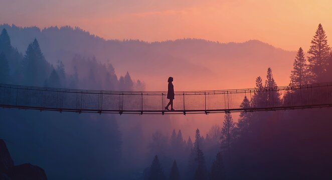 Lone figure walks across a suspension bridge shrouded in mist and fog during a vibrant sunset over a pine forest
