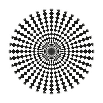 Concentric checkerboard pattern. Transdimensional phantasm illusion. Optical ring Vector. Circular kaleidoscopic design.