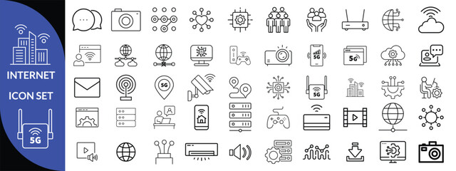 Internet icon set. Outline icons pack. Network related icon set. Contain linear sign network, web, communication, server, connect, connection, computer and more .big icon set 
