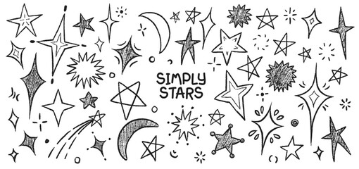 Hand-Drawn Star Vector Set with Crayon Texture and Chalk Sparkles. Cute Star Icons