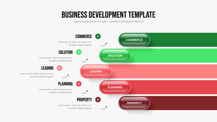 Corporate Briefing 5 Element Infographic Frame Layout. Marketing Showcase Five Step Diagram Presentation Design. Creative Analysis Slide Template Vector Illustration.