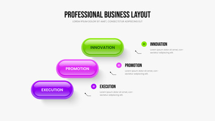 Financial Overview Three Element Infographic Slideshow Design. Creative Visualization Slide Template Vector Illustration. Marketing Solution 3 Step Diagram Presentation Layout.