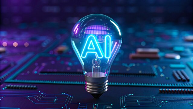 Artificial intelligence concept with glowing ai bulb on digital circuit board

