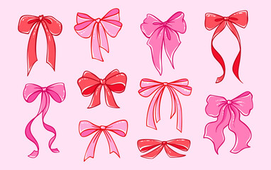 Bow Ribbon Pink and Red Coquette Vector Set Of Cute Gift Bows And Romantic Lace Drawing.