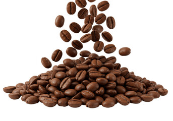 Obraz premium Freshly roasted arabica coffee beans with deep brown tones and oily sheen dynamically falling and accumulating into a pile on a transparent plain with no shadows, professional studio light and