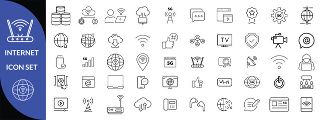 Internet icon set. Outline icons pack. Network related icon set. Contain linear sign network, web, communication, server, connect, connection, computer and more .big icon set 