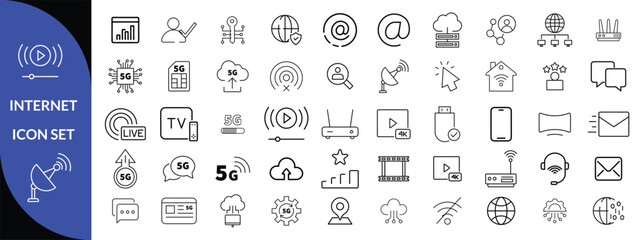 Internet icon set. Outline icons pack. Network related icon set. Contain linear sign network, web, communication, server, connect, connection, computer and more .big icon set 
